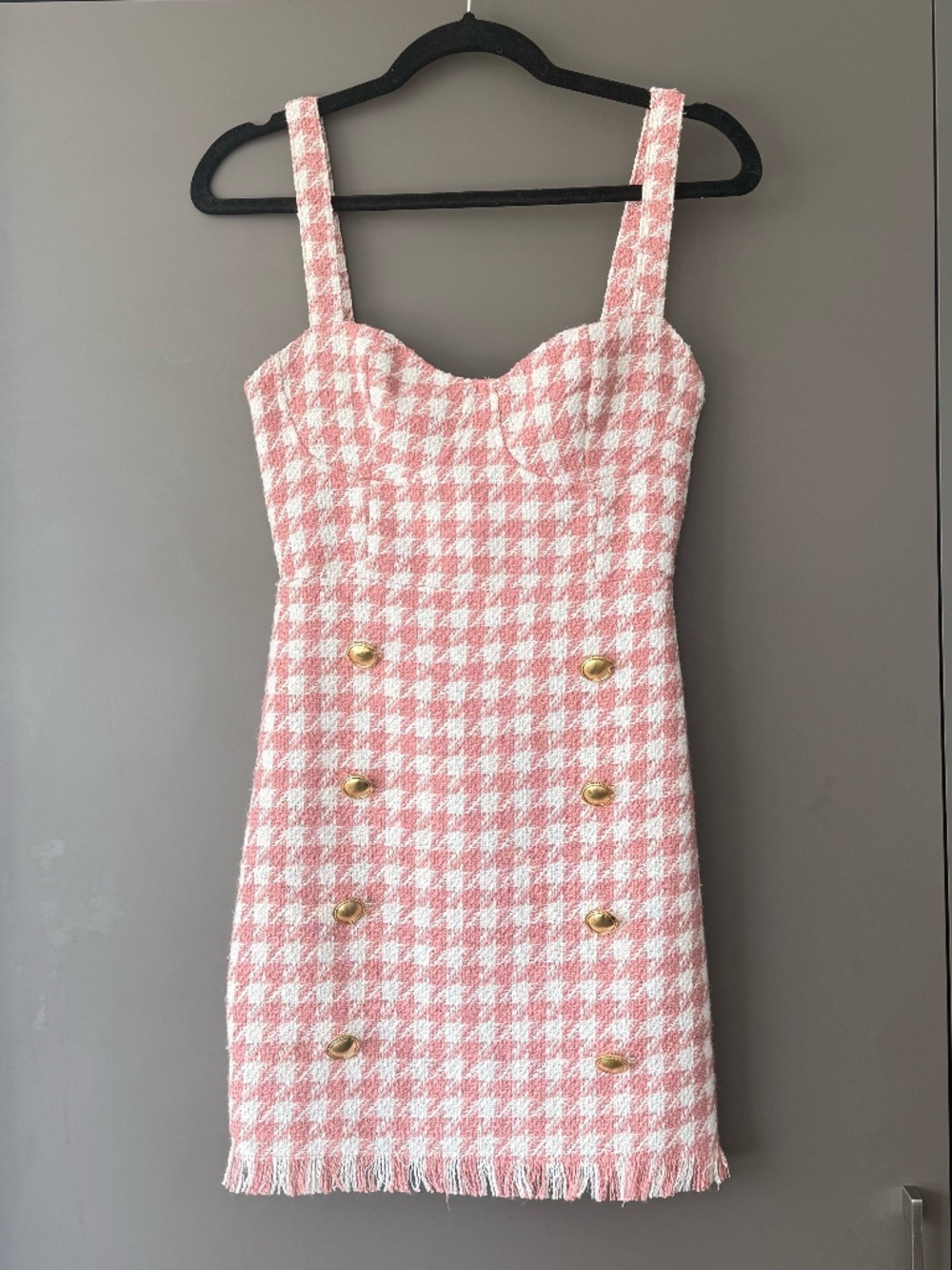 Pink Tweed Mini Dress Women’s Size S Gold Button Houndstooth (black/white avail)